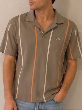 Lacoste Men's Taupe Polo with Orange & Cream Stripes